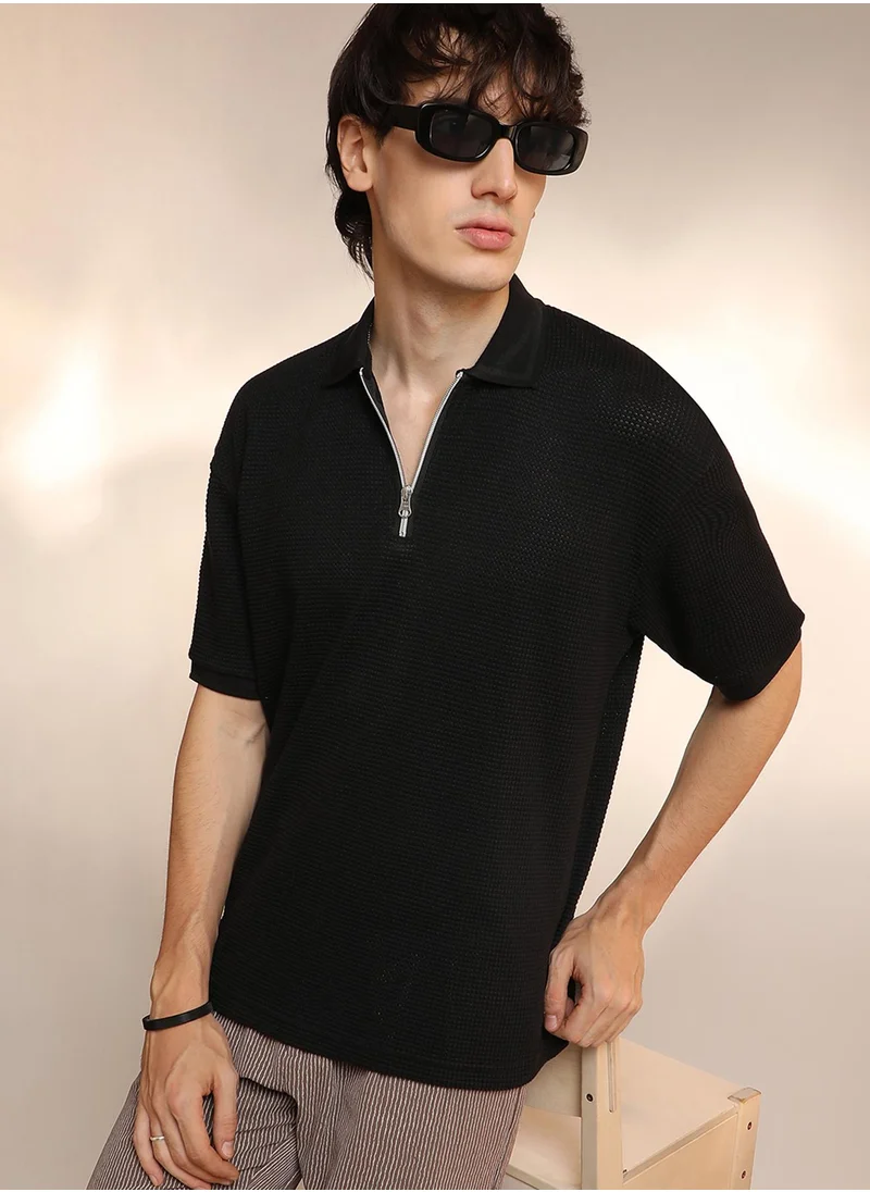 Campus Sutra Men's Onyx Black Micro-Waffle Polo T-Shirt