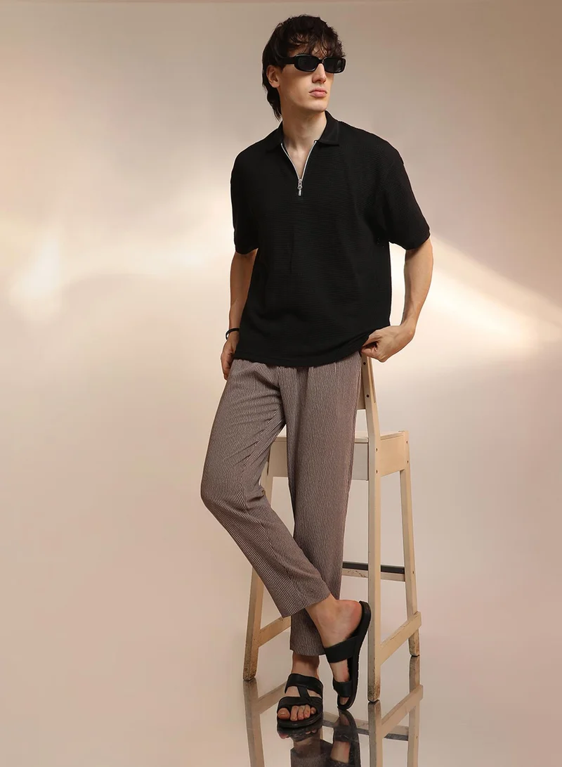 Campus Sutra Men's Onyx Black Micro-Waffle Polo T-Shirt