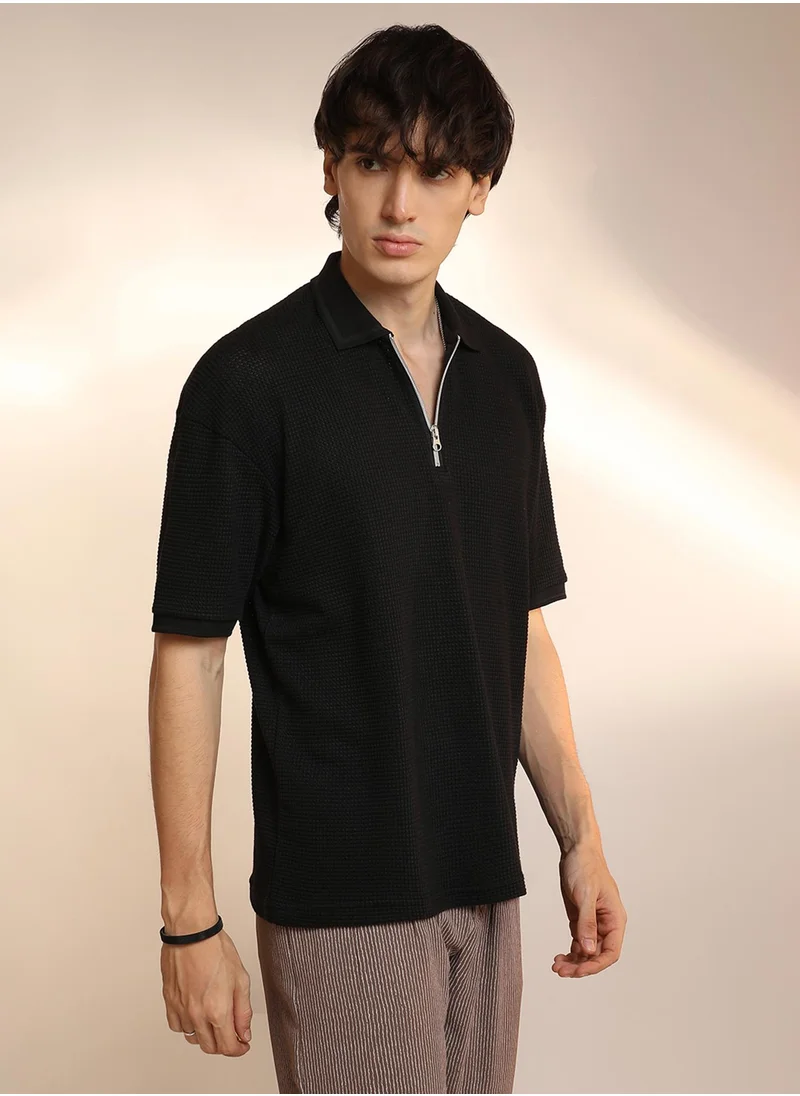 Campus Sutra Men's Onyx Black Micro-Waffle Polo T-Shirt