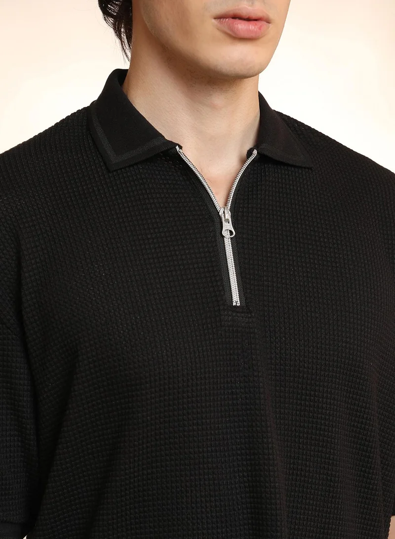 Campus Sutra Men's Onyx Black Micro-Waffle Polo T-Shirt