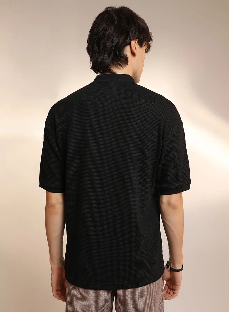 Campus Sutra Men's Onyx Black Micro-Waffle Polo T-Shirt