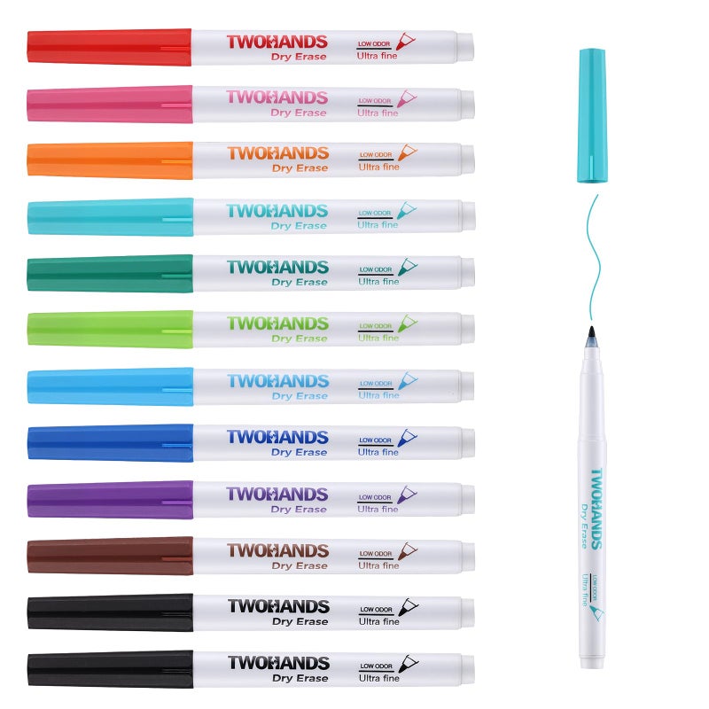 TWOHANDS Dry Erase Markers Fine Tip,Ultra fine Extra Fine Point 0.7mm,Low Odor,11 Assorted Colors,Whiteboard Markers for Office,Home,or Planning Whiteboard,12 Count,20581 - Image 1