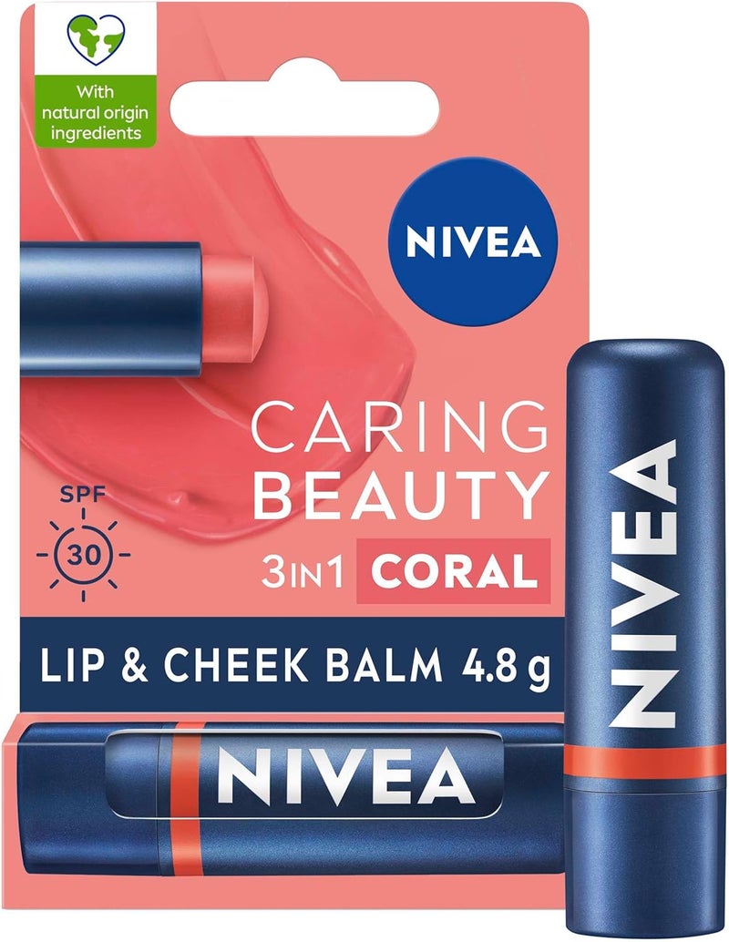 NIVEA Caring Beauty Coral Lip Balm SPF30 48g 3in1 Buttery Lip and Cheek Tint Rich Colour and 24H Moisturisation with SPF 30 Protection