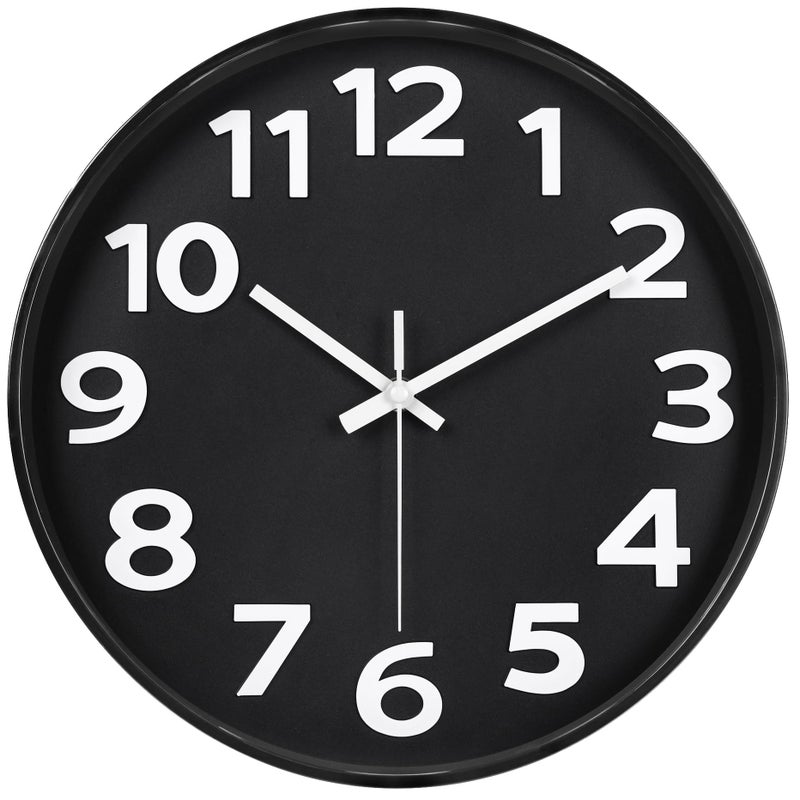 45MinST 12 Inch 3D Number Dial Face Modern Indoor Outdoor Clock Silent NonTicking Round Home Decor Wall Clock with Arabic Numerals Black