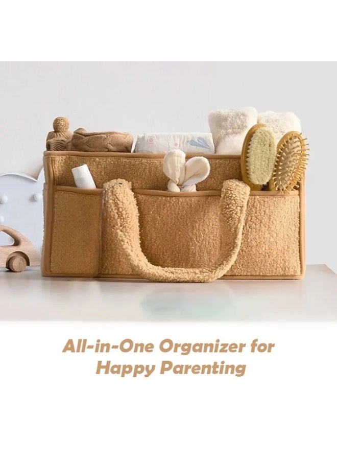 Baby Diaper Caddy Organizer for Changing Table, Baby Storage Basket for Diapers and Baby Wipes, Gift for Baby Shower, Car Caddy Organizer, Nursery Diaper Organizer, Portable Diaper Storage newborn Diaper Storage Bag, organizer Baby Clothes for Mom and Baby Care, Large Capacity with Carrier Pocket and Removable Divider - Brown - Image 4