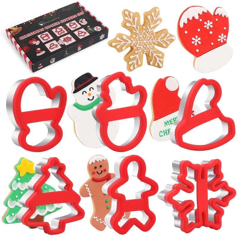 BakingWorld Christmas Cookie Cutters  6 Pcs Holiday Cookie Cutter with Comfort Grip - Gingerbread Men  Christmas Tree  Snowflake  Santa Hat  Gloves  Snow Man Shapes Cookie Mold for Winter Holiday Party Supplies  - Image 1