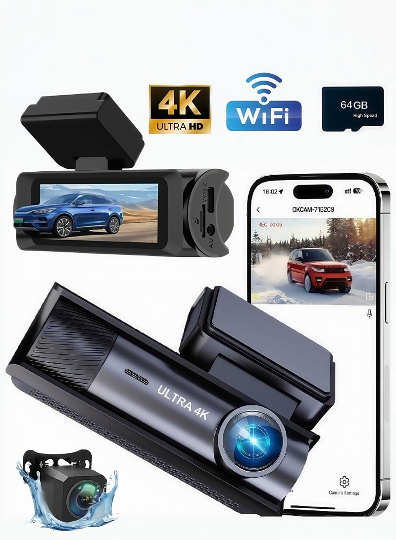 Generic Dash Camera for Cars,4K Full UHD Car Camera Front Rear with 64GB U3 Card,Built-in Super Night Vision,3.0'' IPS Screen,170°Wide Angle,G-Sensor, 24H Parking Mode, Loop Recording  - Image 1