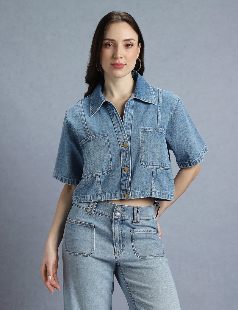 inkd Women's Crop Shirt - Adjustable Hem | Dual Patch Pockets | Metal Button Closure |Crop Shirts for Women | Casual Shirts for Women - Image 1