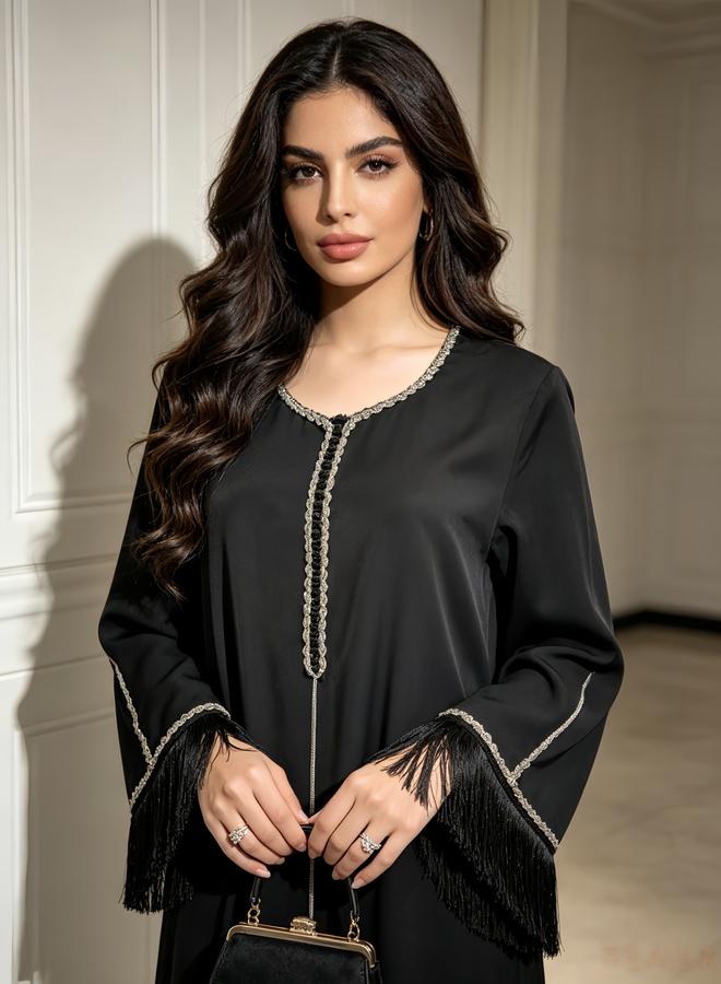Take Two Black Contrast Binding Tassel Drop Jalabiya - Image 3