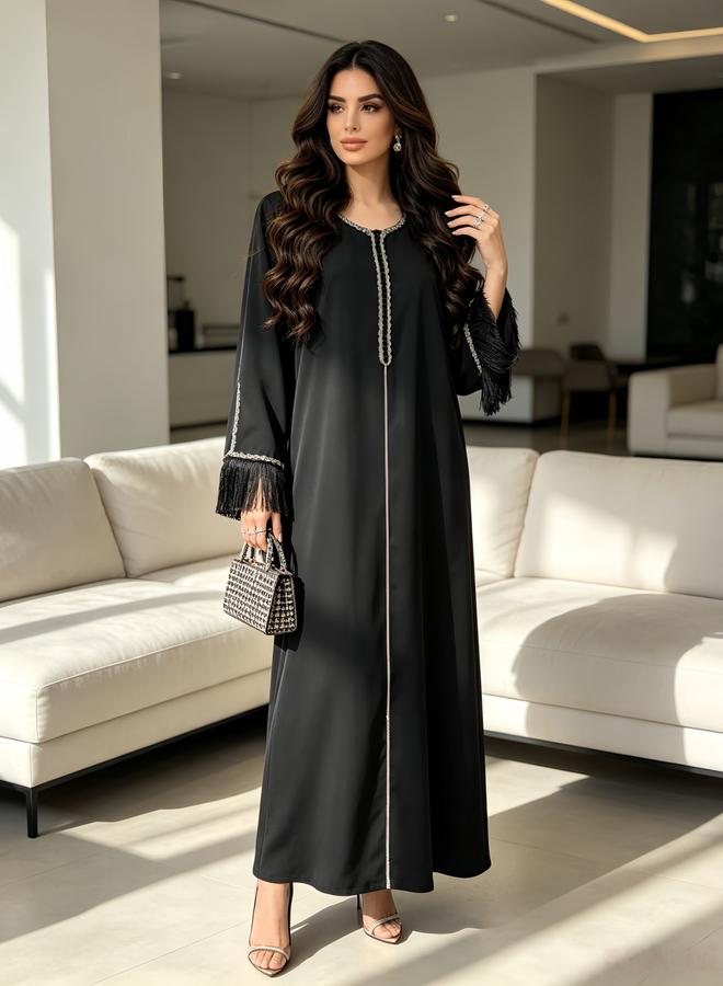 Take Two Black Contrast Binding Tassel Drop Jalabiya - Image 4