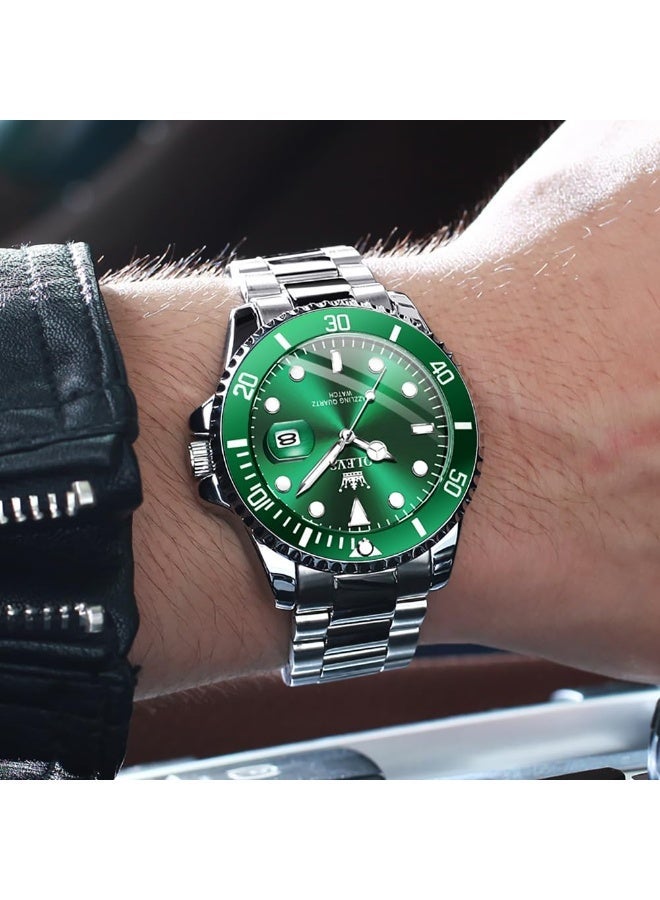 Men's Watch with Date, Luxury Big Face Waterproof Analog Dress Watch, Two Tone Stainless Steel Luminous Calendar Wristwatch for Men (Green) - Image 2