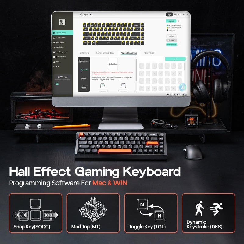 EPOMAKER HE68 Lite Hall Effect Gaming Keyboard, 8k Polling & 128K Scan Rate, 0.005mm Adjustable Trigger, 0.125ms Latency, 5-Layer Sound-Dampened, Snap Key, SOCD, A-RGB, Wired, Mac Software (Black Red) - Image 3
