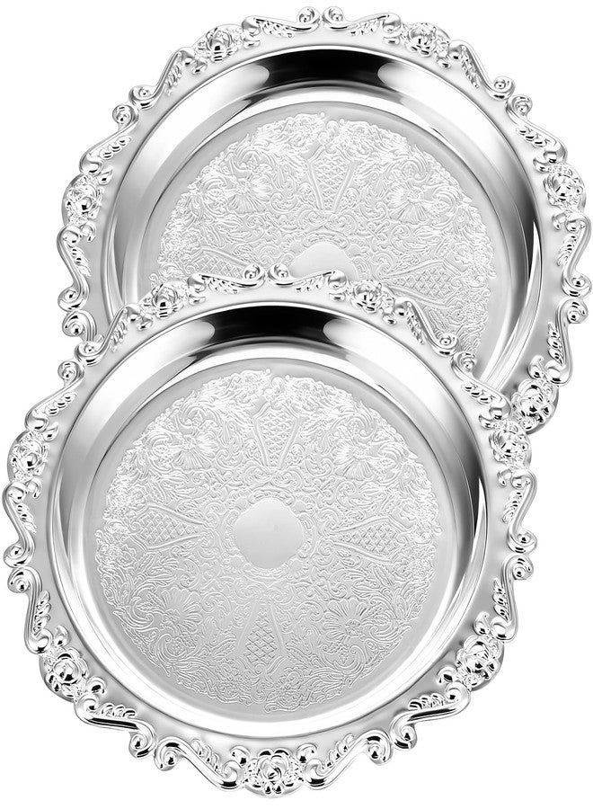 Tiangrid 2 Pcs Silver Serving Tray 10 Inch Elegant Vintage Floral Round Metal Plate Silver Platter for Buffet Wedding Party Jewelry Decorative - Image 1