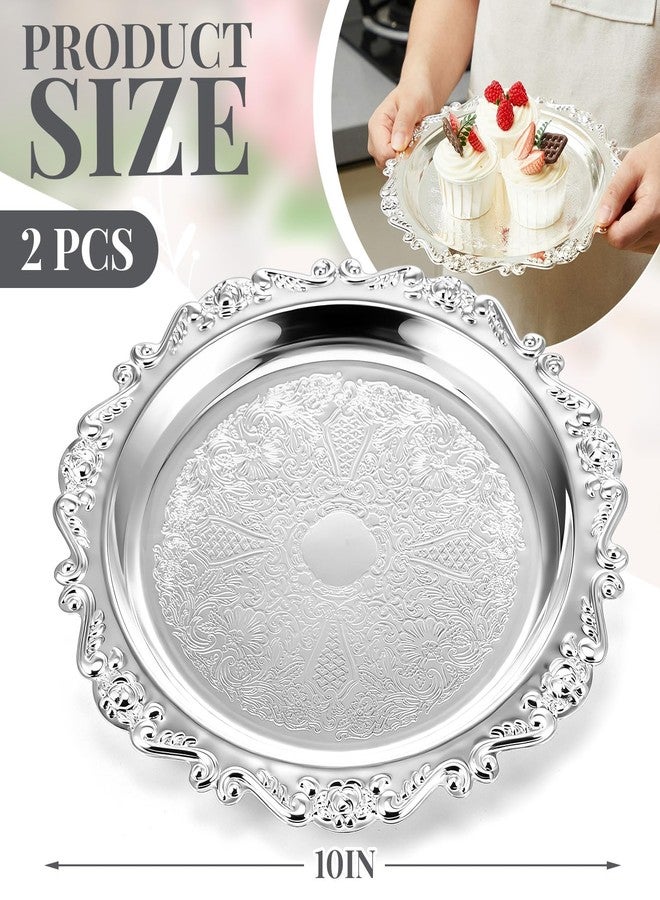 Tiangrid 2 Pcs Silver Serving Tray 10 Inch Elegant Vintage Floral Round Metal Plate Silver Platter for Buffet Wedding Party Jewelry Decorative - Image 2