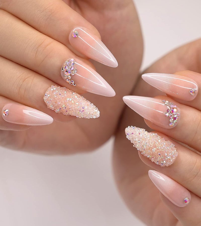 morily 24Pcs Ombre Press on False Nails with Design Glossy Pink Stiletto Fake Nails Kit Medium Length Long Luxury Crystal Acrylic Stick on Nails Tips Artificial Finger Manicure for Women - Image 1