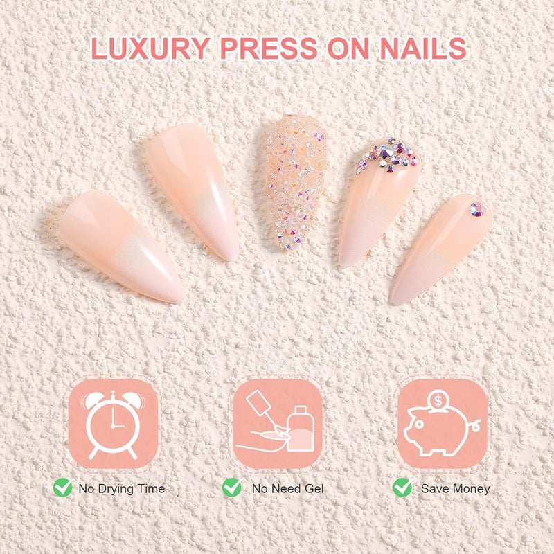 morily 24Pcs Ombre Press on False Nails with Design Glossy Pink Stiletto Fake Nails Kit Medium Length Long Luxury Crystal Acrylic Stick on Nails Tips Artificial Finger Manicure for Women - Image 3