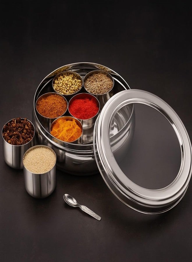 STEEPLE Stainless Steel Belly Shape Masala Dabba | Masala Box for Kitchen | Spice Storage Container with See-Through Lid | Masala Dani with 7 Compartments With 1 Small Spoon (Belly 12 No) - Image 1