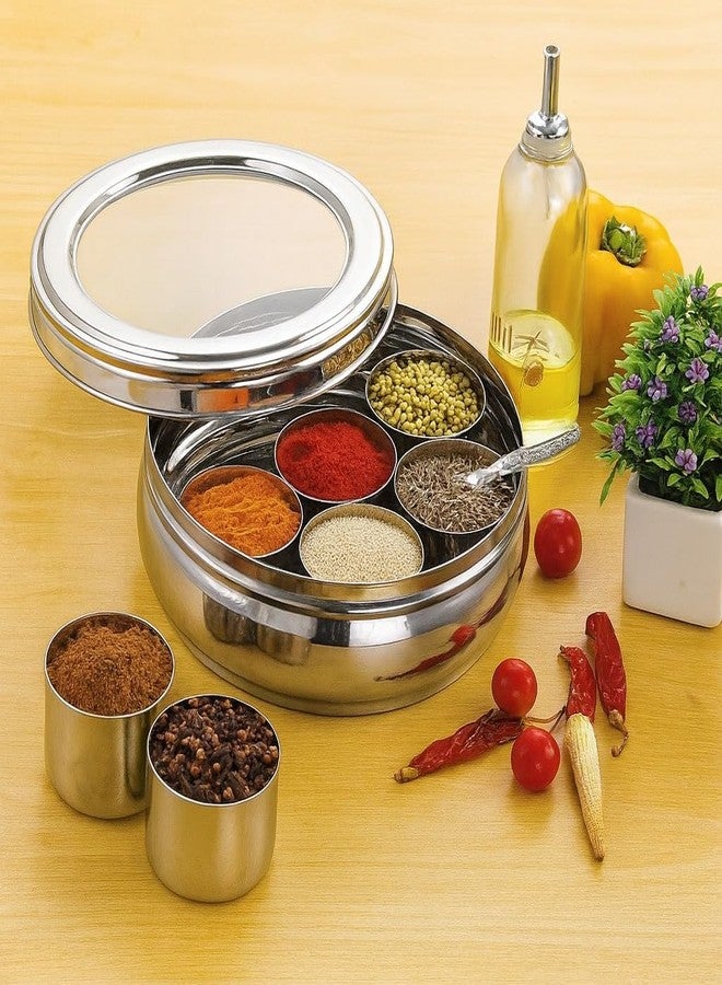 STEEPLE Stainless Steel Belly Shape Masala Dabba | Masala Box for Kitchen | Spice Storage Container with See-Through Lid | Masala Dani with 7 Compartments With 1 Small Spoon (Belly 12 No) - Image 5