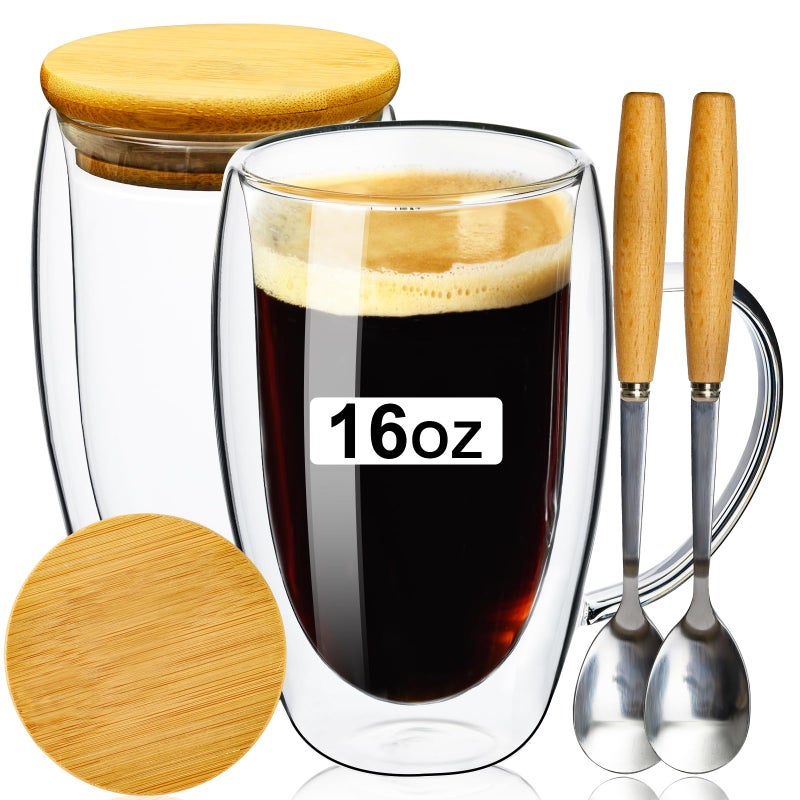 PARACITY Double Wall Glass Coffee Mugs 16OZ with Bamboo LidSpoon Glass Coffee Cups Set of 2 with Handle Insulated Clear Coffee Mug Perfect for Latte Cappuccino Espresso Hot Beverage Tea