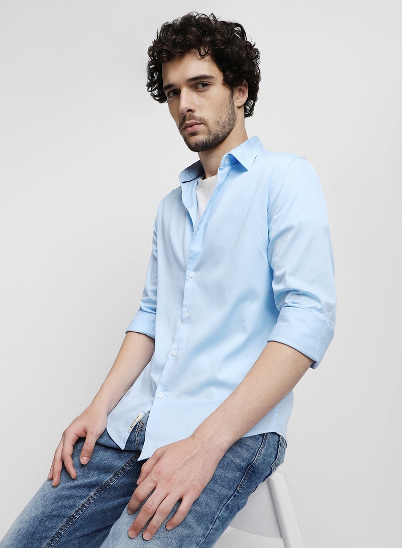 Blue Casual Shirt for Men, 100% Cotton, Slim Fit