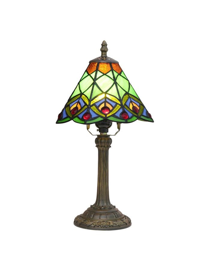Blivuself Tiffany Small Stained Glass Table Lamp Green Peacock Tail Bedroom Bedside Desk Light For Office Dormitory Bar Decorate Retro Style Unique Cute Accent Decor Cottage 8 Village Nightstand Lamps - Image 1
