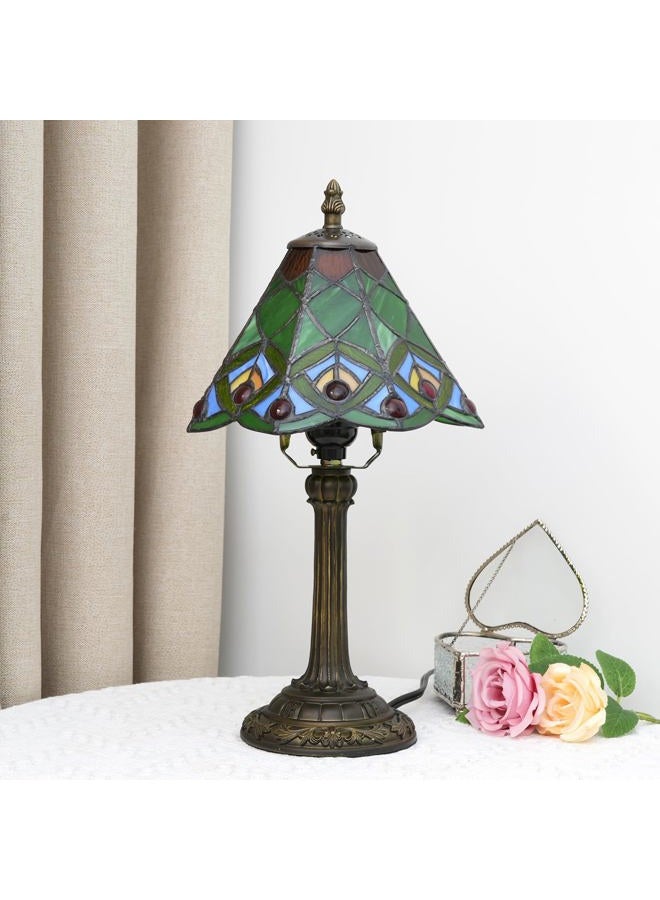 Blivuself Tiffany Small Stained Glass Table Lamp Green Peacock Tail Bedroom Bedside Desk Light For Office Dormitory Bar Decorate Retro Style Unique Cute Accent Decor Cottage 8 Village Nightstand Lamps - Image 5