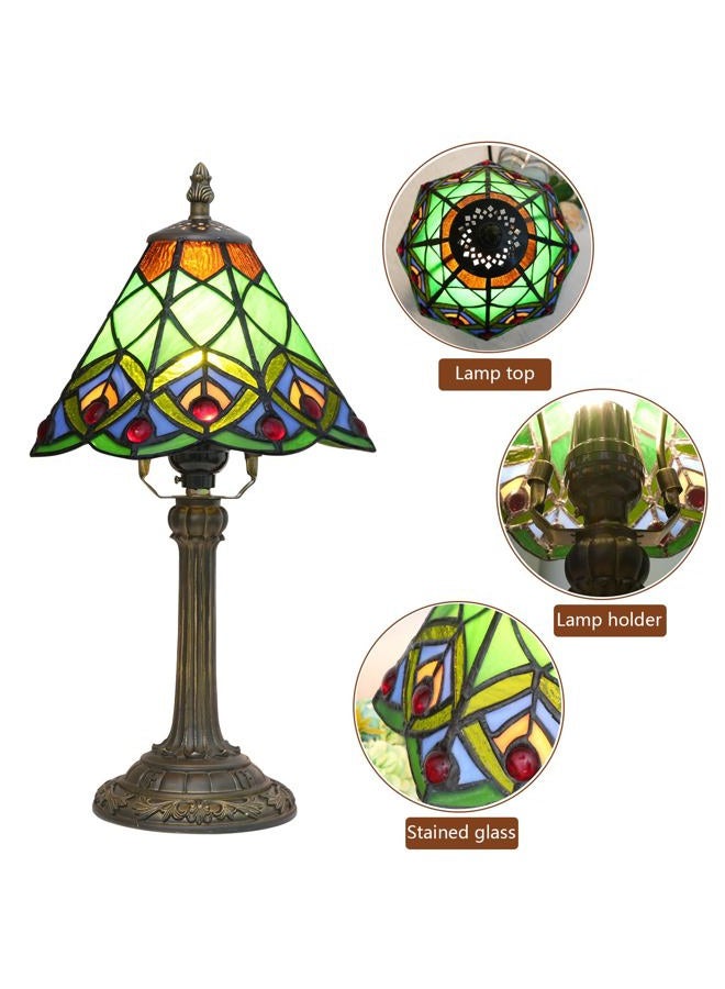 Blivuself Tiffany Small Stained Glass Table Lamp Green Peacock Tail Bedroom Bedside Desk Light For Office Dormitory Bar Decorate Retro Style Unique Cute Accent Decor Cottage 8 Village Nightstand Lamps - Image 4