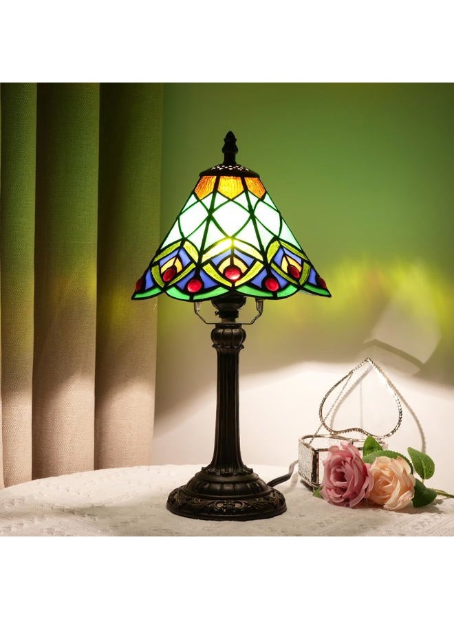 Blivuself Tiffany Small Stained Glass Table Lamp Green Peacock Tail Bedroom Bedside Desk Light For Office Dormitory Bar Decorate Retro Style Unique Cute Accent Decor Cottage 8 Village Nightstand Lamps - Image 2