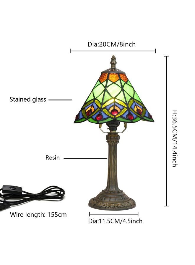 Blivuself Tiffany Small Stained Glass Table Lamp Green Peacock Tail Bedroom Bedside Desk Light For Office Dormitory Bar Decorate Retro Style Unique Cute Accent Decor Cottage 8 Village Nightstand Lamps - Image 3
