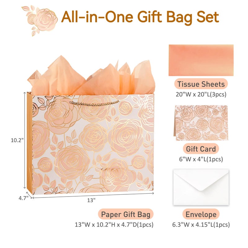 SUNCOLOR Large Gift Bag with Tissue Paper and Card, Rose Gold, Large 13W x 10.2H x 4.7D inches, for Wedding, Bridal Shower, Birthday, Baby Shower - Image 2
