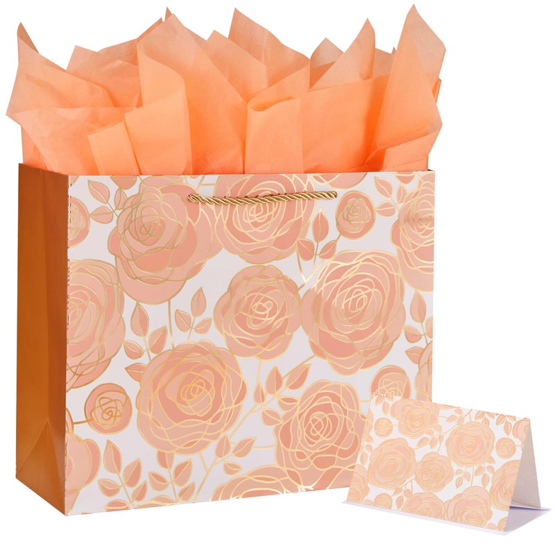 SUNCOLOR Large Gift Bag with Tissue Paper and Card, Rose Gold, Large 13W x 10.2H x 4.7D inches, for Wedding, Bridal Shower, Birthday, Baby Shower - Image 1