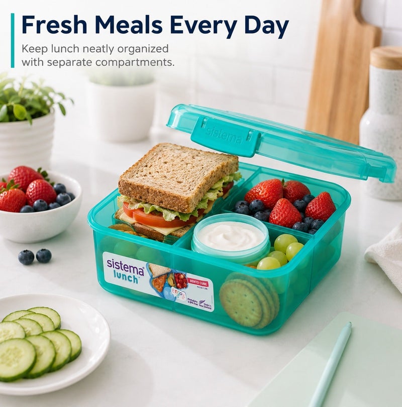 Sistema Bento Cube Lunch Box 1.25L BPA Free Leak Proof Compartment Bento Container Green Lunch Box for Kids School Office Travel Meal Prep Food Storage Organizer Durable Reusable Lunch ware - Image 2