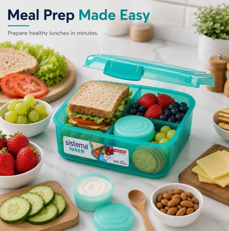 Sistema Bento Cube Lunch Box 1.25L BPA Free Leak Proof Compartment Bento Container Green Lunch Box for Kids School Office Travel Meal Prep Food Storage Organizer Durable Reusable Lunch ware - Image 4