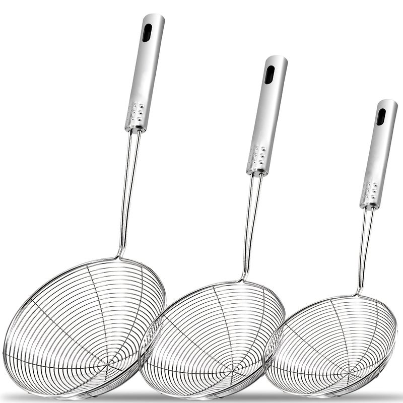 1 Stainless Steel Spider Web Design Strainer Spoon With Long Handle For Pasta Frying Cooking Restaurant Home Kitchen Tool - Image 1