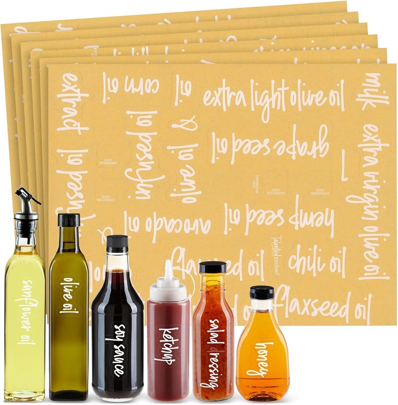 Talented Kitchen 132 White Script Oil and Vinegar Labels for Bottles, Clear Preprinted Condiments and Olive Oil Label Stickers for Squeeze Dispensers, Kitchen Pantry Organization - Image 1