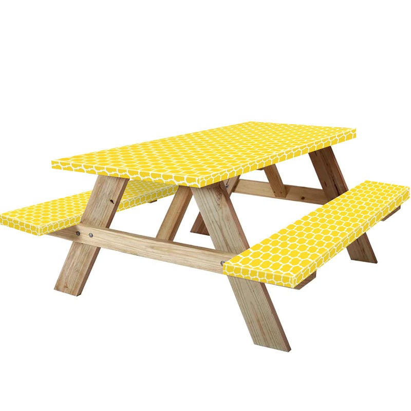 KENOBEE KENOBEE 6ft Picnic Table and Bench Cover Camping Essentials RV Gear 72in Waterproof Windproof Outdoor Elastic All Around Tablecloth Fitted Rectangle Tables and Seats YellowWhite Moroccan 