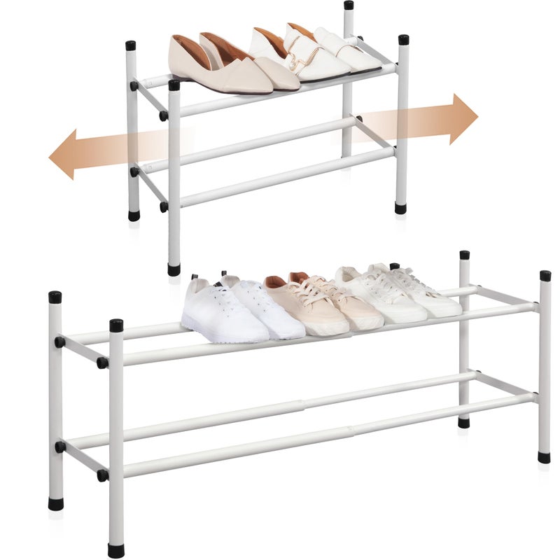 STORAGE MANIAC Expandable Shoe Rack 8 Pairs Stackable Small Shoe Rack Metal Adjustable Shoes Organizer for Closet Entryway Hallway Garage Front Door Shoes Shelves White 2 Tier