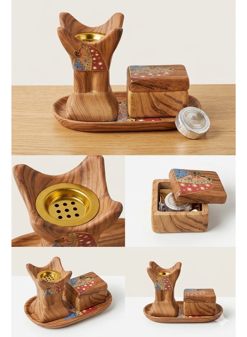 ALSAQER Luxury Wood-like material Ceramic Bakhoor Burner Set | Incense Burner Set with Storage Box & Tray | Traditional Arabic Oud Burner with Metal Charcoal Holder and Madkhan, Mabkhara | Elegant Home Fragrance Decor for Majlis, Gift Uses - Image 4