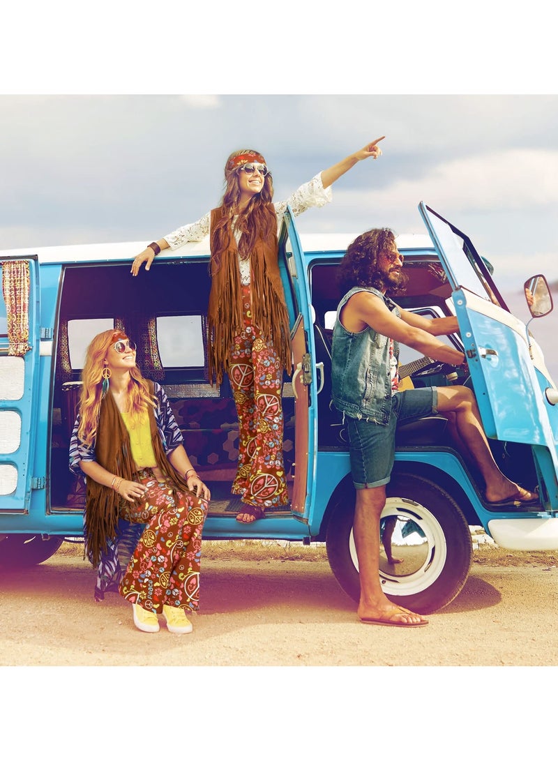 SYOSI 7 Pcs 60s 70s Outfits for Women Hippie Costume Set Boho Flared Pants Fringe Vest, Necklaces Earrings Sunglasses Headband Pins Accessories Set  - Image 4