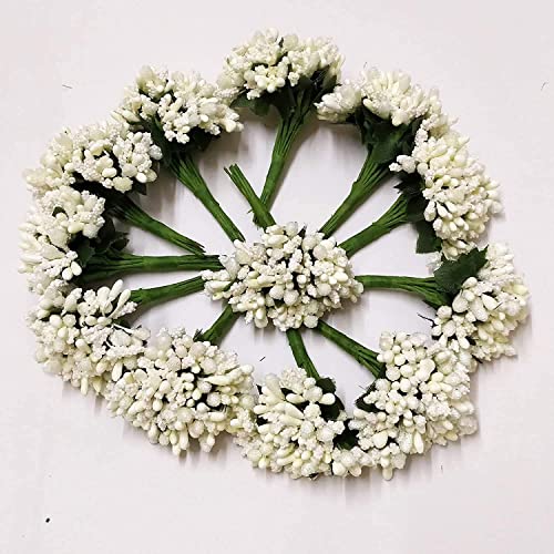 Prokart Premium Pollen Flowers for Hair Accessories, Tiara Making, Jewelry Making and Dress Decoration | 12 Bunch of 2 Pollen Each | (Pack of 24pc) (Off White) - Image 1