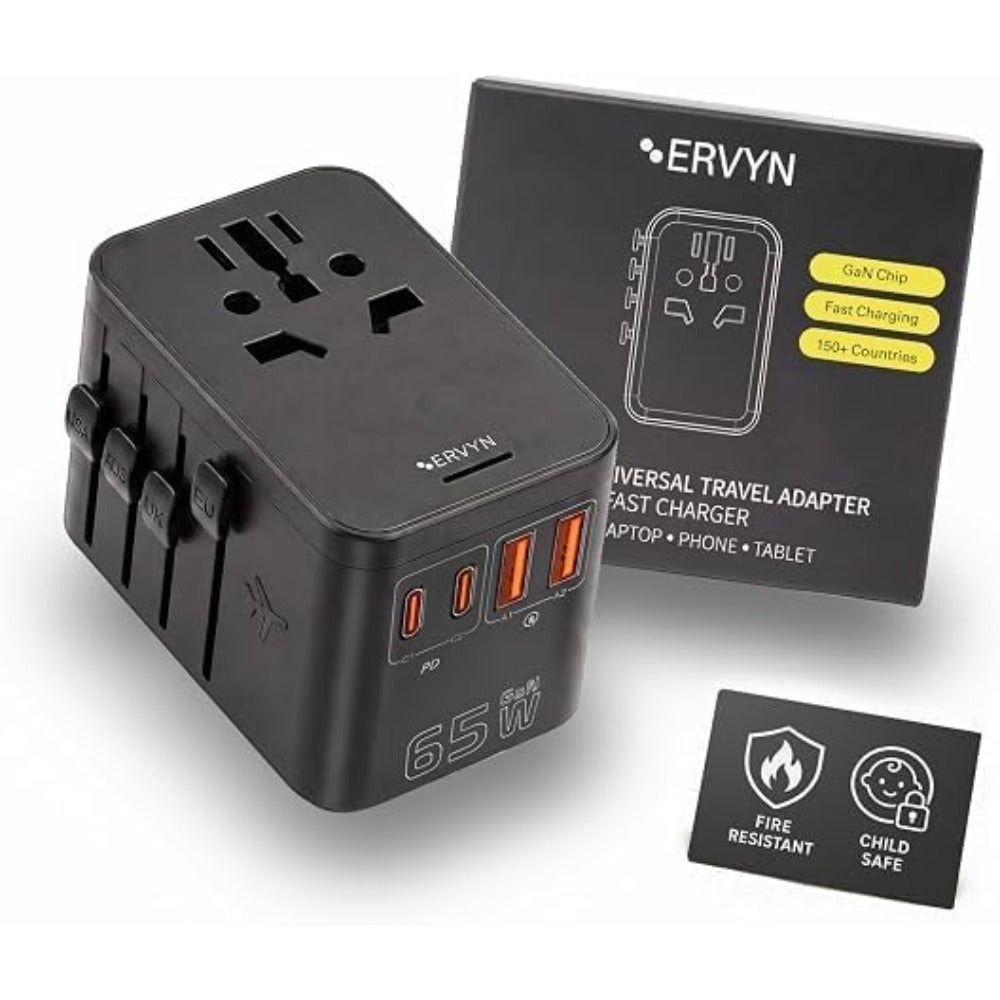 Universal travel adapter for home, office travel; GaN 3.0 black; 65W fast charging; 2 USB-C + 2 USB-A; compatible with UK/US/EU/AU outlets