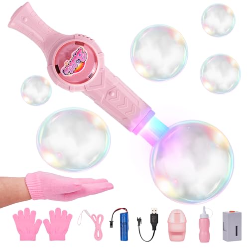 FIALAME Smoke Bubble Machine Elastic Bubble Fog Wand Rechargeable Fog Bubble Machine with Lights Sound for Parties Outdoor Interactive Fun Pink - Image 1