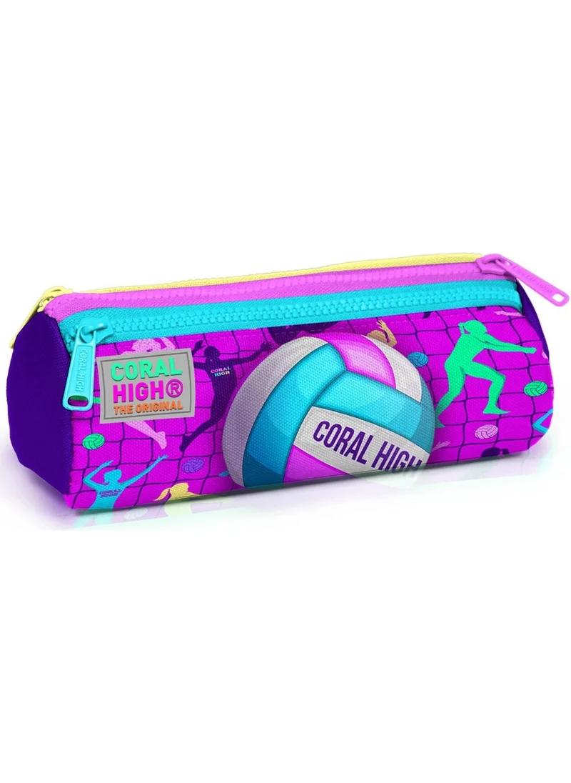 كورال هاي Kids Pink Purple Volleyball Patterned Three Compartment Pencil Bag 22061