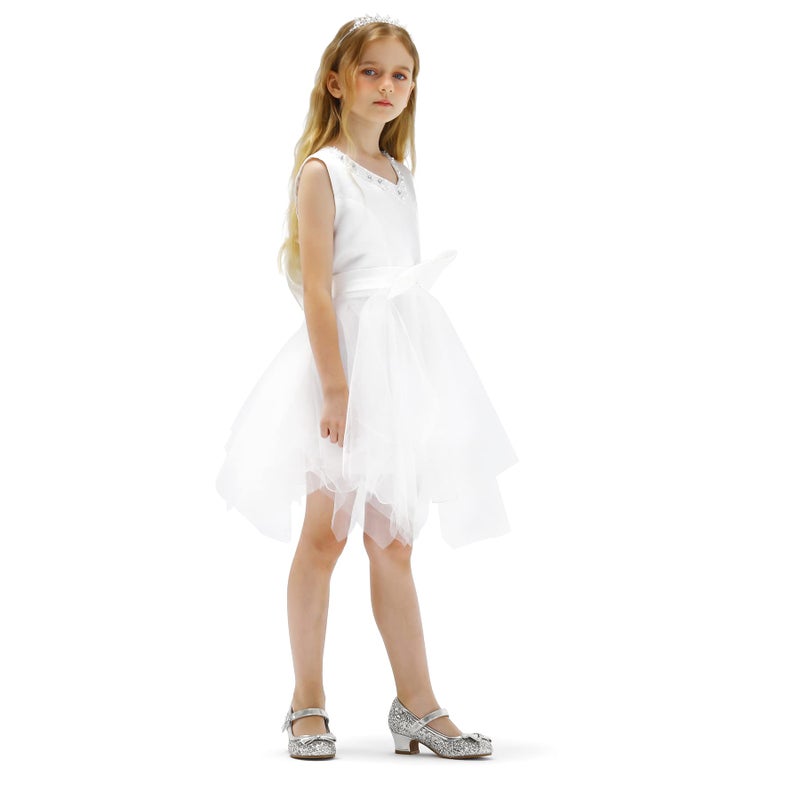 K KomForme Girl's Dress Shoes Mary Jane Glitter 1.5 in Low Heel Wedding Party Princess Shoes for Toddler/Little/Big Kids Silver - Image 2