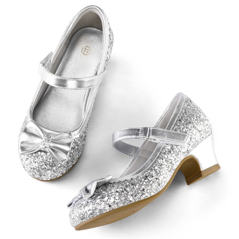 K KomForme Girl's Dress Shoes Mary Jane Glitter 1.5 in Low Heel Wedding Party Princess Shoes for Toddler/Little/Big Kids Silver - Image 3