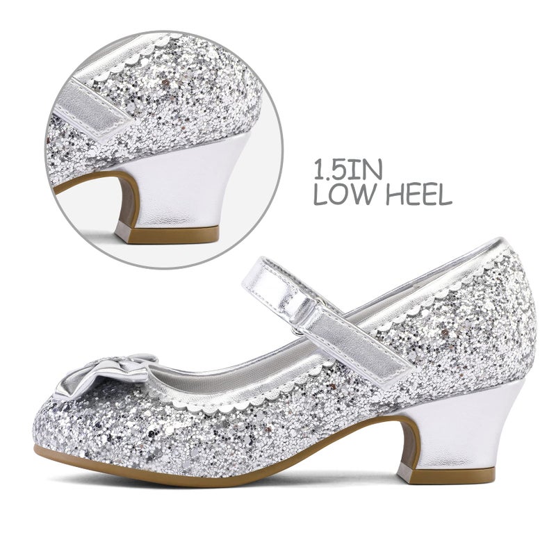 K KomForme Girl's Dress Shoes Mary Jane Glitter 1.5 in Low Heel Wedding Party Princess Shoes for Toddler/Little/Big Kids Silver - Image 5