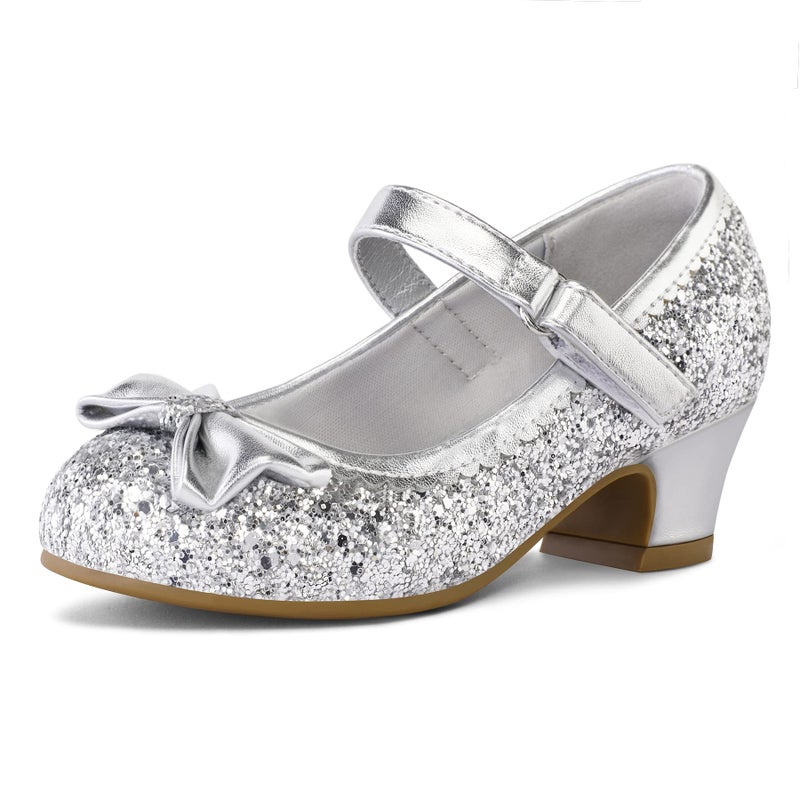 K KomForme Girl's Dress Shoes Mary Jane Glitter 1.5 in Low Heel Wedding Party Princess Shoes for Toddler/Little/Big Kids Silver - Image 1