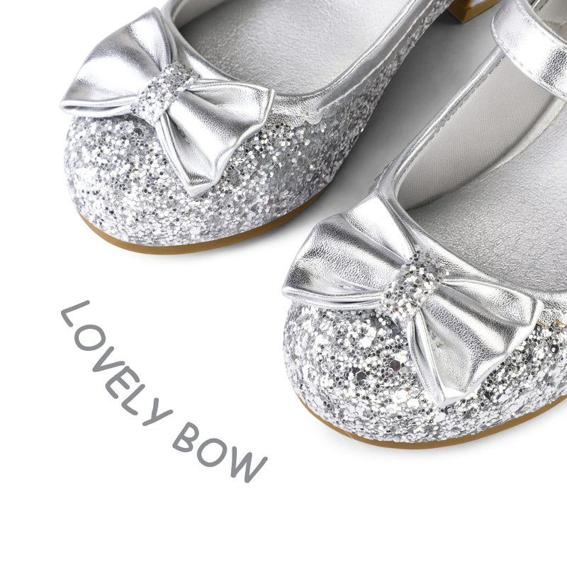 K KomForme Girl's Dress Shoes Mary Jane Glitter 1.5 in Low Heel Wedding Party Princess Shoes for Toddler/Little/Big Kids Silver - Image 4