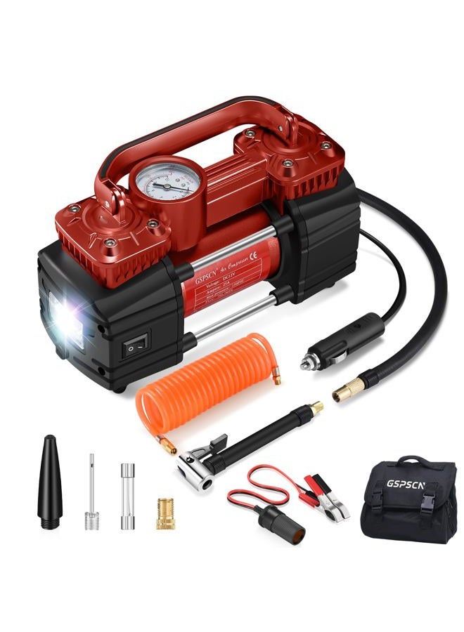 GSPSCN Dual Cylinder DC 12V Air Compressor for Car, Heavy Duty Portable Tire Inflator,Tire Pump 150PSI with LED Light for Auto,Truck,SUV, RV,Balls etc (RED) - Image 1