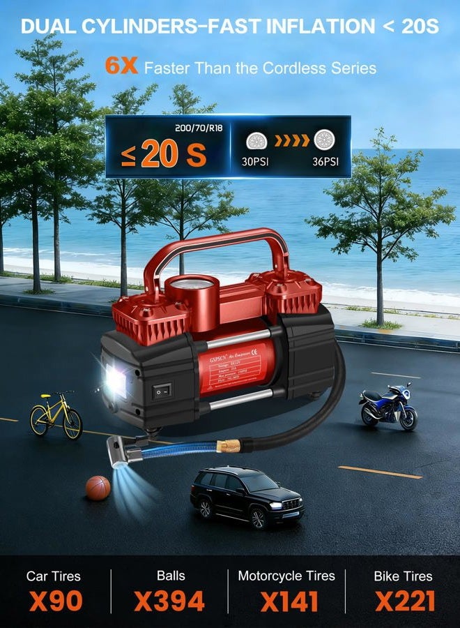 GSPSCN Dual Cylinder DC 12V Air Compressor for Car, Heavy Duty Portable Tire Inflator,Tire Pump 150PSI with LED Light for Auto,Truck,SUV, RV,Balls etc (RED) - Image 2